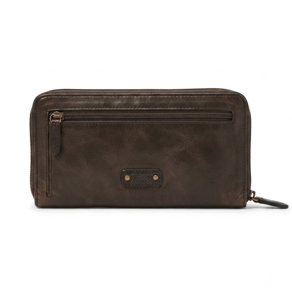 Y2K FOSSIL Distressed Brown Leather Organizer Wallet Zip Around Exterior